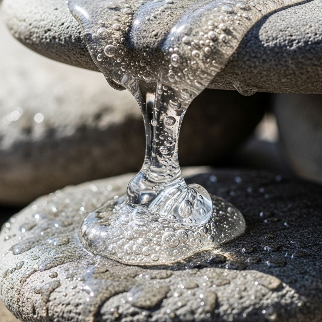 Selkeä puhdistusgeeli vedestä tippuvana pisarana luonnonkivellä, kirkas ja rauhallinen tunnelma
