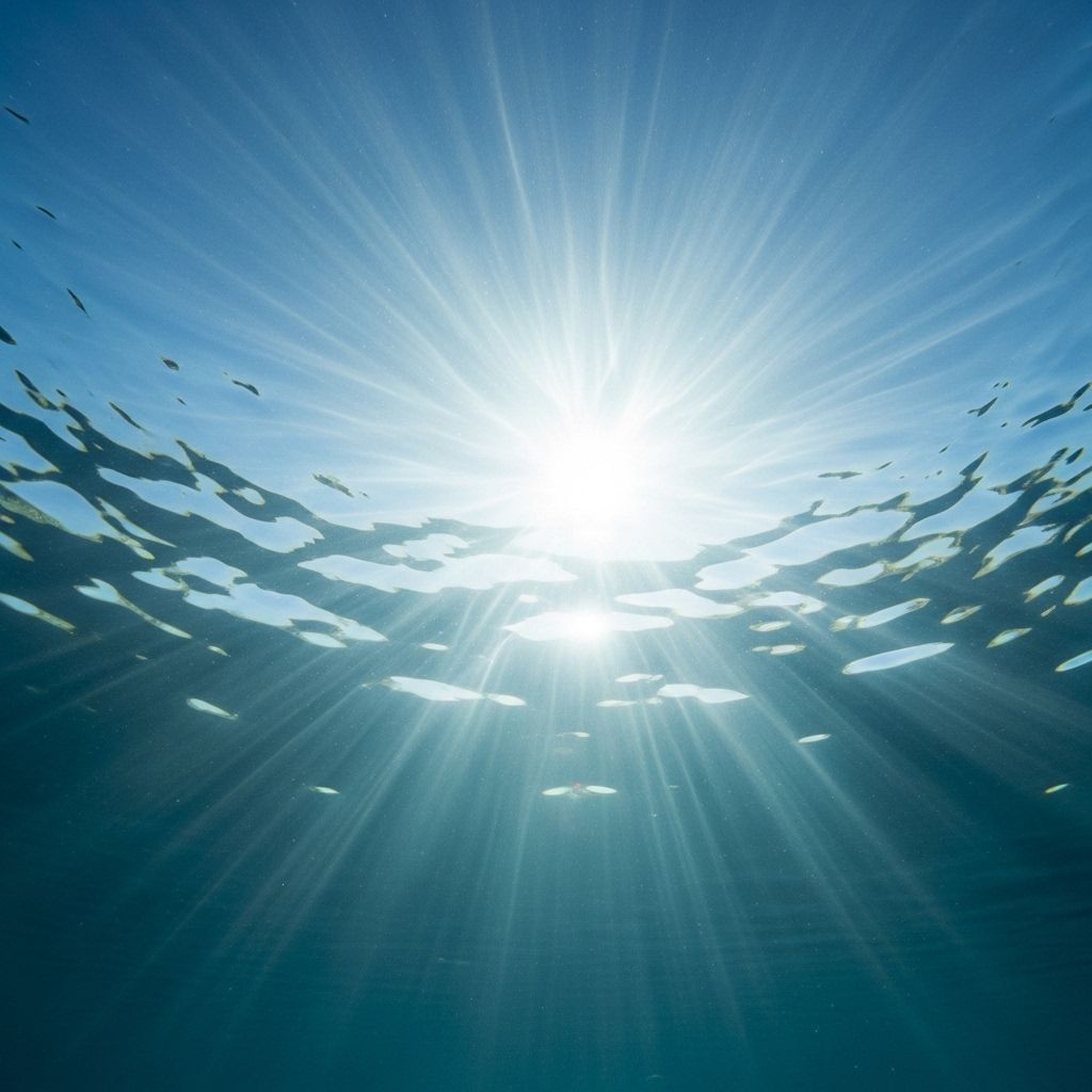 Auringonvalo läpäisee veden pinnan kauniissa hajautetussa valossa sinisävyinen värimaailma, abstrakti kuvaus UV-suojan vaikutuksesta