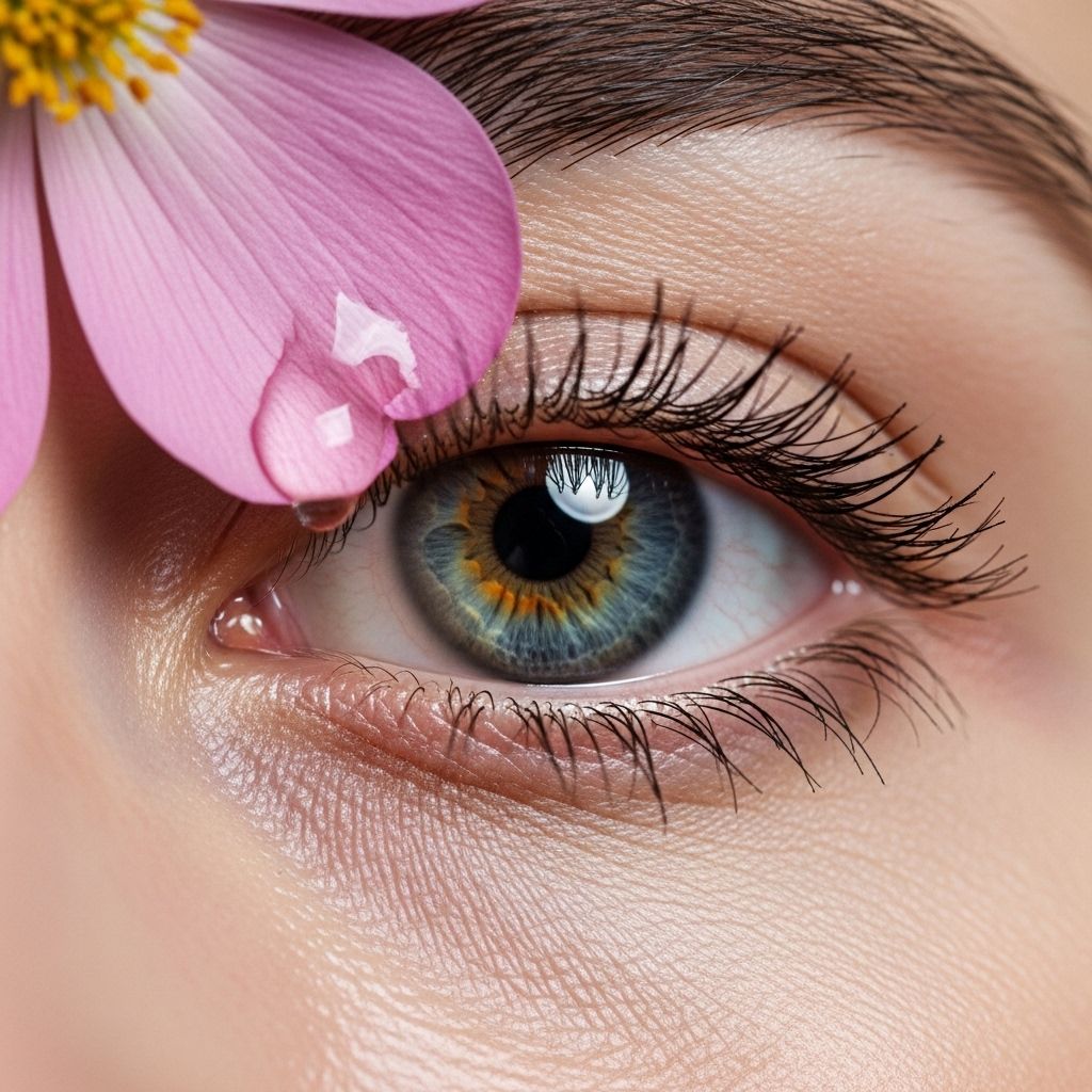 Hienostunut lähikuva kukkalehti pisaralla silmänympärysalueen tekstuuria kuvaava makrokuva, pehmeä taustavalaistus